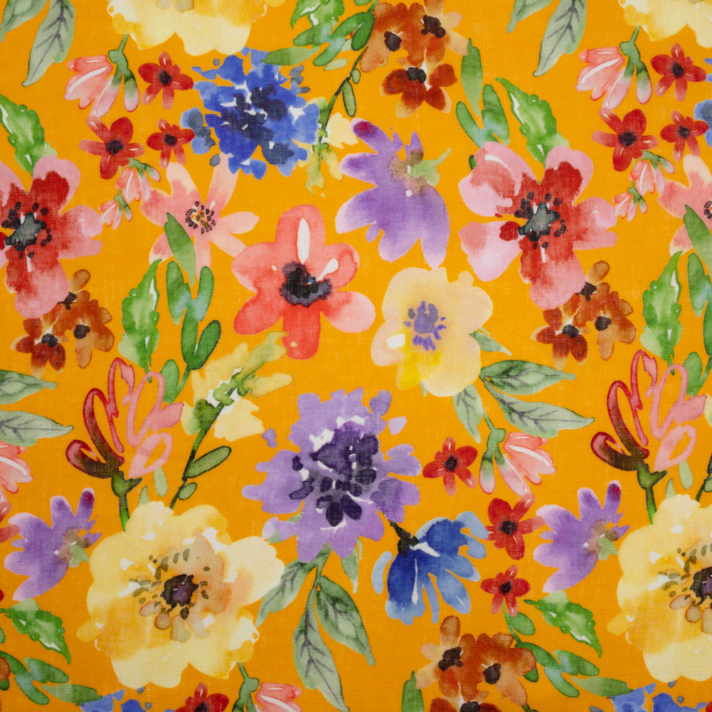 Lightweight Linen Woven – Purple, Yellow and Green Petal Drift Florals on Saffron Yellow Lightweight Linen Woven – Purple, Yellow and Green Petal Drift Florals on Saffron Yellow