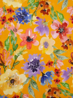 Lightweight Linen Woven – Purple, Yellow and Green Petal Drift Florals on Saffron Yellow Lightweight Linen Woven – Purple, Yellow and Green Petal Drift Florals on Saffron Yellow