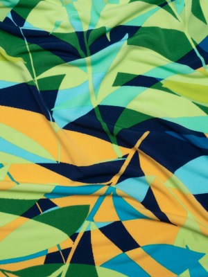 Stretch Polyester Tricot – Green, Blue and Goldenrod Overlapping Palm Leaves – Designer Deadstock Stretch Polyester Tricot – Green, Blue and Goldenrod Overlapping Palm Leaves – Designer Deadstock