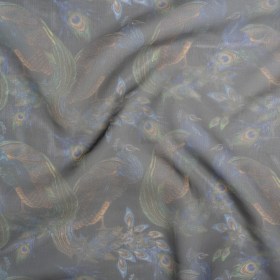 Polyester and Viscose Organza – Blue and Green Peacocks on Black Polyester and Viscose Organza – Blue and Green Peacocks on Black