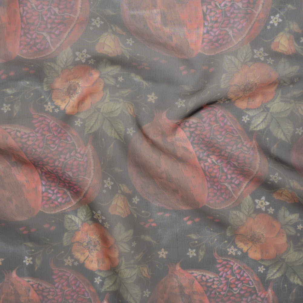 Polyester and Viscose Organza – Red, Green and Black Pomegranates and Flowers Polyester and Viscose Organza – Red, Green and Black Pomegranates and Flowers