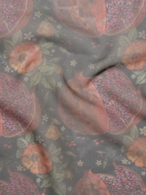 Polyester and Viscose Organza – Red, Green and Black Pomegranates and Flowers Polyester and Viscose Organza – Red, Green and Black Pomegranates and Flowers