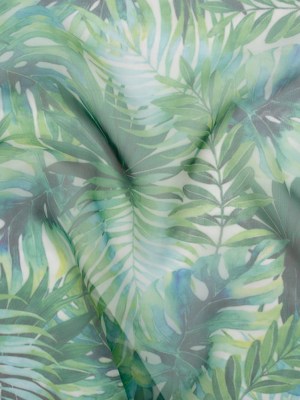 Polyester and Viscose Organza – Green and Sky Blue Topical Leaves Polyester and Viscose Organza – Green and Sky Blue Topical Leaves