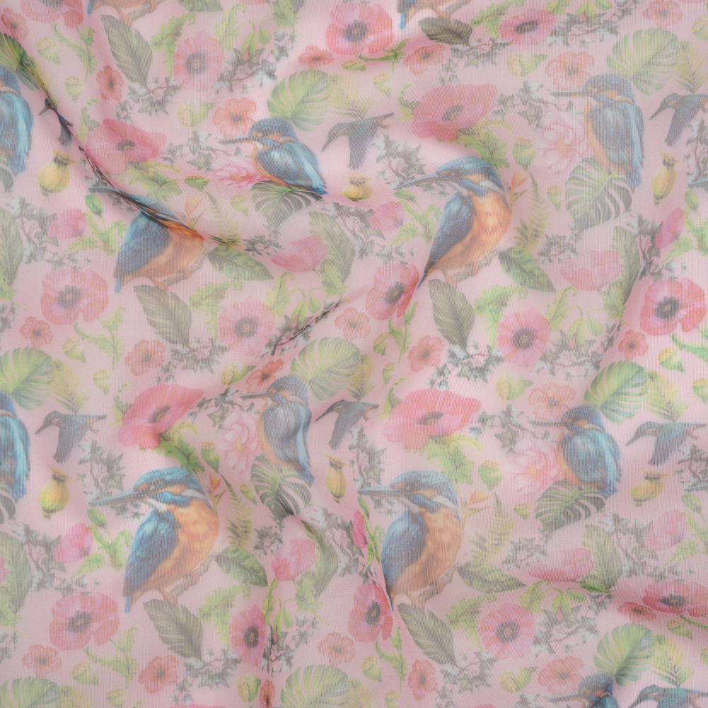 Polyester and Viscose Organza – Pink, Blue and Green Tropical Leaves, Birds and Flowers Polyester and Viscose Organza – Pink, Blue and Green Tropical Leaves, Birds and Flowers