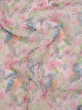 Polyester and Viscose Organza – Pink, Blue and Green Tropical Leaves, Birds and Flowers Polyester and Viscose Organza – Pink, Blue and Green Tropical Leaves, Birds and Flowers