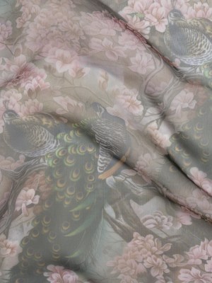Polyester and Viscose Organza – Pink, Olive Green and Brown Peacocks and Blossoms Polyester and Viscose Organza – Pink, Olive Green and Brown Peacocks and Blossoms