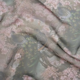 Polyester and Viscose Organza – Pink, Olive Green and Brown Peacocks and Blossoms Polyester and Viscose Organza – Pink, Olive Green and Brown Peacocks and Blossoms