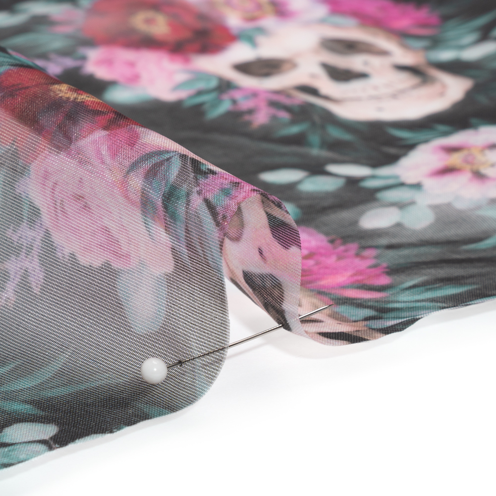 Polyester and Viscose Organza – Black, Pink and Ivory Flower Skulls Polyester and Viscose Organza – Black, Pink and Ivory Flower Skulls