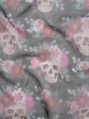 Polyester and Viscose Organza – Black, Pink and Ivory Flower Skulls Polyester and Viscose Organza – Black, Pink and Ivory Flower Skulls