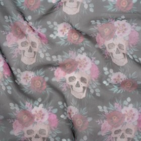 Polyester and Viscose Organza – Black, Pink and Ivory Flower Skulls Polyester and Viscose Organza – Black, Pink and Ivory Flower Skulls