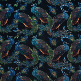 Polyester Microvelvet – Blue and Green Peacocks on Black Polyester Microvelvet – Blue and Green Peacocks on Black