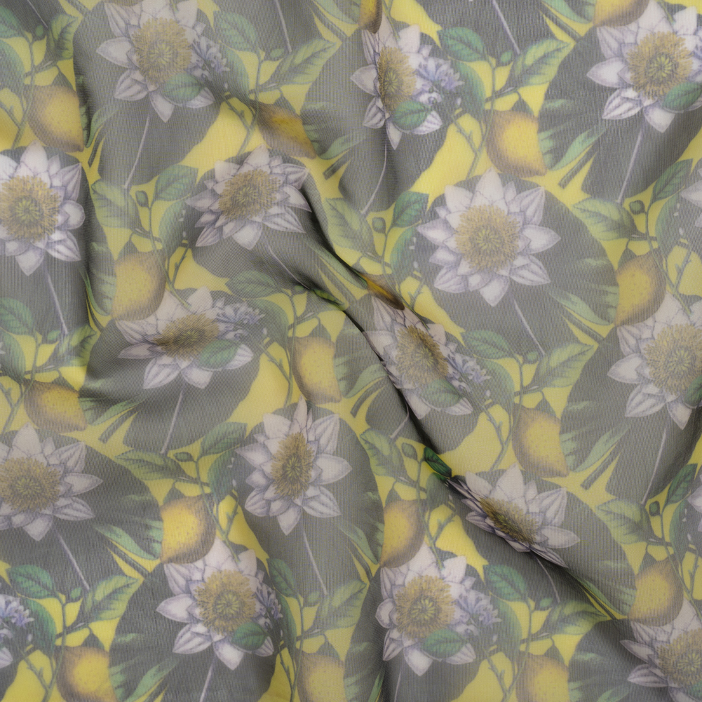 Polyester and Viscose Organza – Yellow and Green Lemons and Lily Pads Polyester and Viscose Organza – Yellow and Green Lemons and Lily Pads