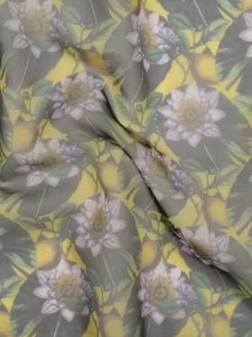Polyester and Viscose Organza – Yellow and Green Lemons and Lily Pads Polyester and Viscose Organza – Yellow and Green Lemons and Lily Pads
