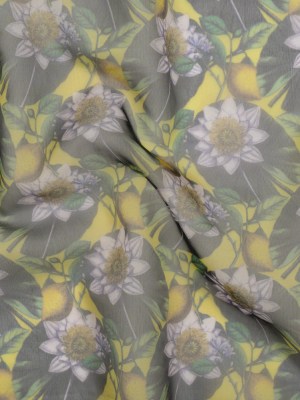 Polyester and Viscose Organza – Yellow and Green Lemons and Lily Pads Polyester and Viscose Organza – Yellow and Green Lemons and Lily Pads