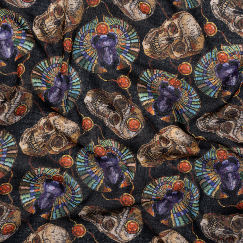 Medium Weight Linen and Cotton Woven – Black, Green and Red Scarab Beetles and Skulls Medium Weight Linen and Cotton Woven – Black, Green and Red Scarab Beetles and Skulls