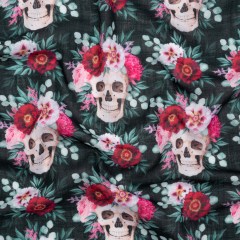 Medium Weight Linen and Cotton Woven – Black, Pink and Ivory Flower Skulls Medium Weight Linen and Cotton Woven – Black, Pink and Ivory Flower Skulls