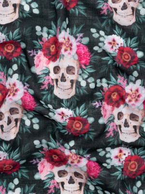 Medium Weight Linen and Cotton Woven – Black, Pink and Ivory Flower Skulls Medium Weight Linen and Cotton Woven – Black, Pink and Ivory Flower Skulls