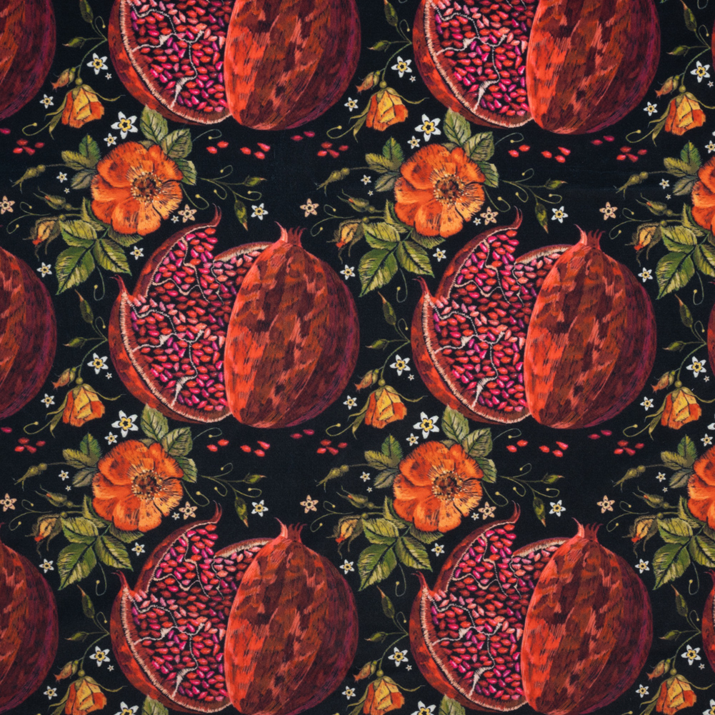 Polyester Microvelvet – Red, Green and Black Pomegranates and Flowers Polyester Microvelvet – Red, Green and Black Pomegranates and Flowers