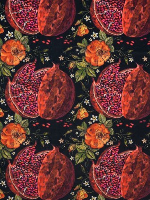 Polyester Microvelvet – Red, Green and Black Pomegranates and Flowers Polyester Microvelvet – Red, Green and Black Pomegranates and Flowers