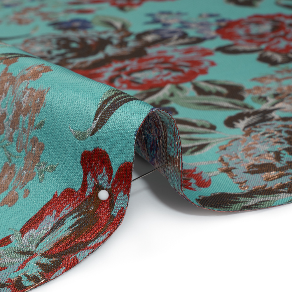 Metallic Luxury Brocade – Sky Blue, Dark Gold and Red Classic Flowers Metallic Luxury Brocade – Sky Blue, Dark Gold and Red Classic Flowers