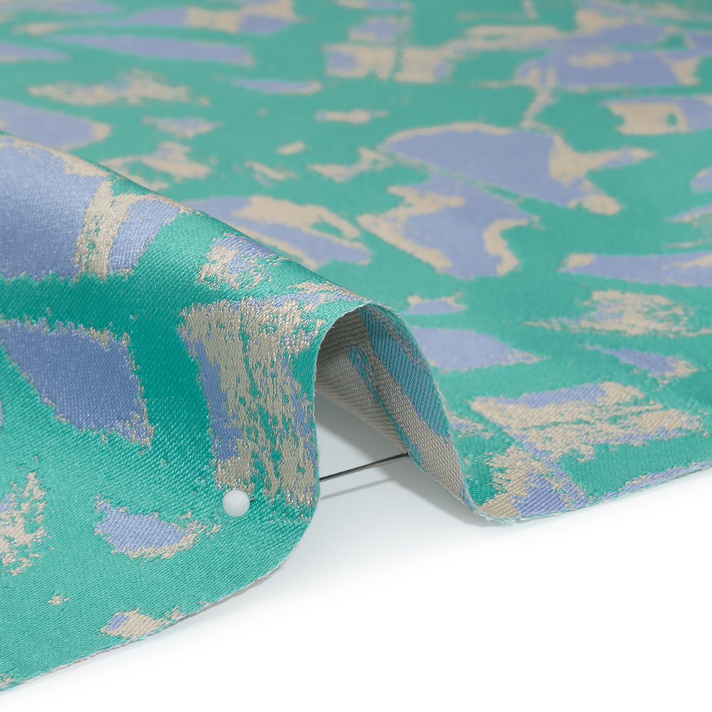 Luxury Polyester Brocade – Sparkling Country Blue, Teal, and Yellow Beige Abstract Markmaking Luxury Polyester Brocade – Sparkling Country Blue, Teal, and Yellow Beige Abstract Markmaking