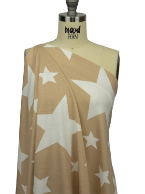 Beige and Star White Stars Stretch Polyester and Rayon French Terry Beige and Star White Stars Stretch Polyester and Rayon French Terry