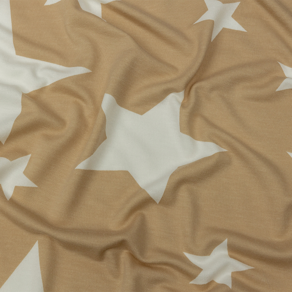 Beige and Star White Stars Stretch Polyester and Rayon French Terry Beige and Star White Stars Stretch Polyester and Rayon French Terry