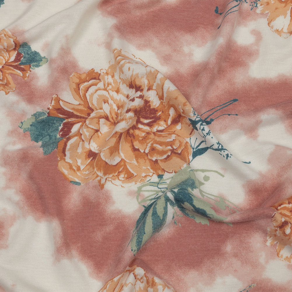 Pink, Orange and Sage Roses and Tie Dye Stretch Polyester and Rayon French Terry Pink, Orange and Sage Roses and Tie Dye Stretch Polyester and Rayon French Terry