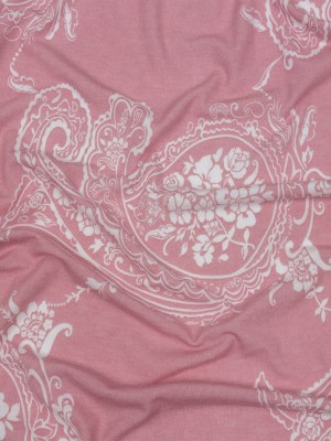 Pink and White Fancy Paisley Polyester and Rayon Jersey Pink and White Fancy Paisley Polyester and Rayon Jersey