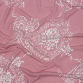 Pink and White Fancy Paisley Polyester and Rayon Jersey Pink and White Fancy Paisley Polyester and Rayon Jersey