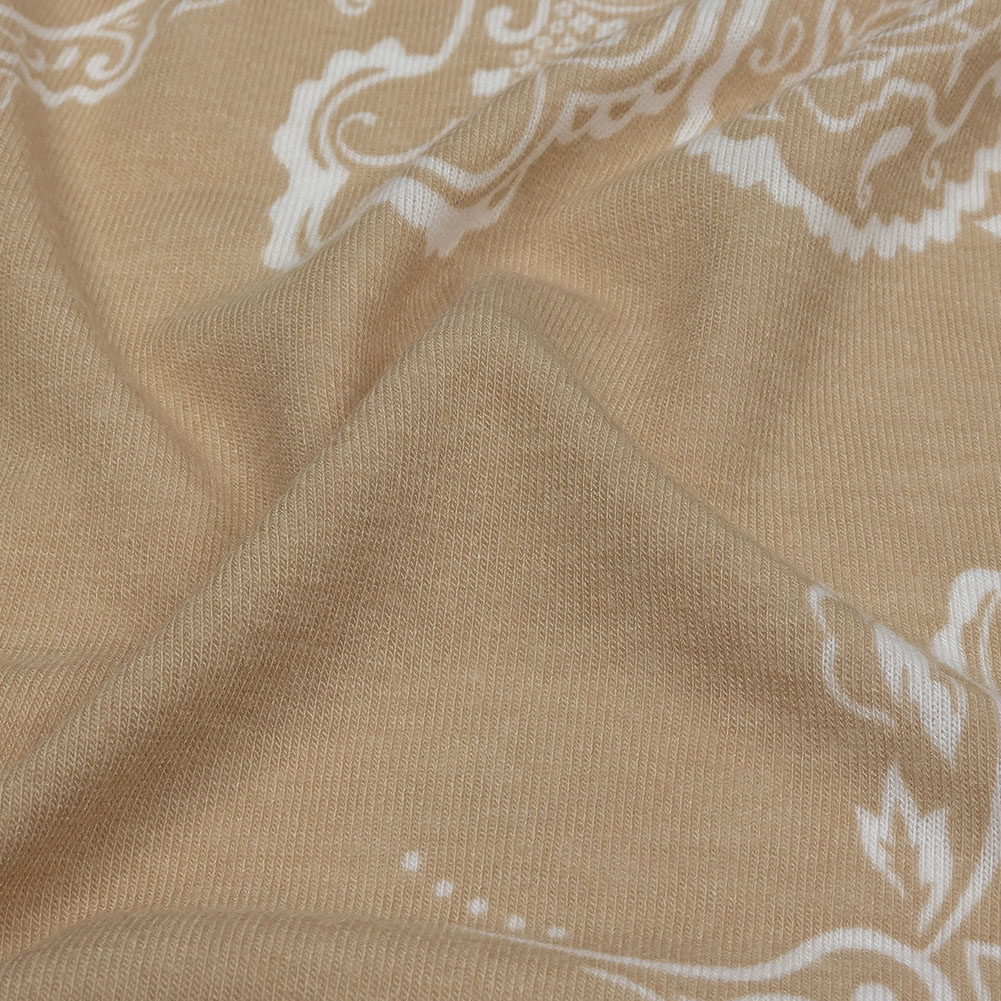 Beige and White Fancy Paisley Polyester and Rayon Jersey Beige and White Fancy Paisley Polyester and Rayon Jersey
