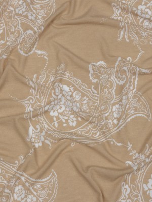 Beige and White Fancy Paisley Polyester and Rayon Jersey Beige and White Fancy Paisley Polyester and Rayon Jersey