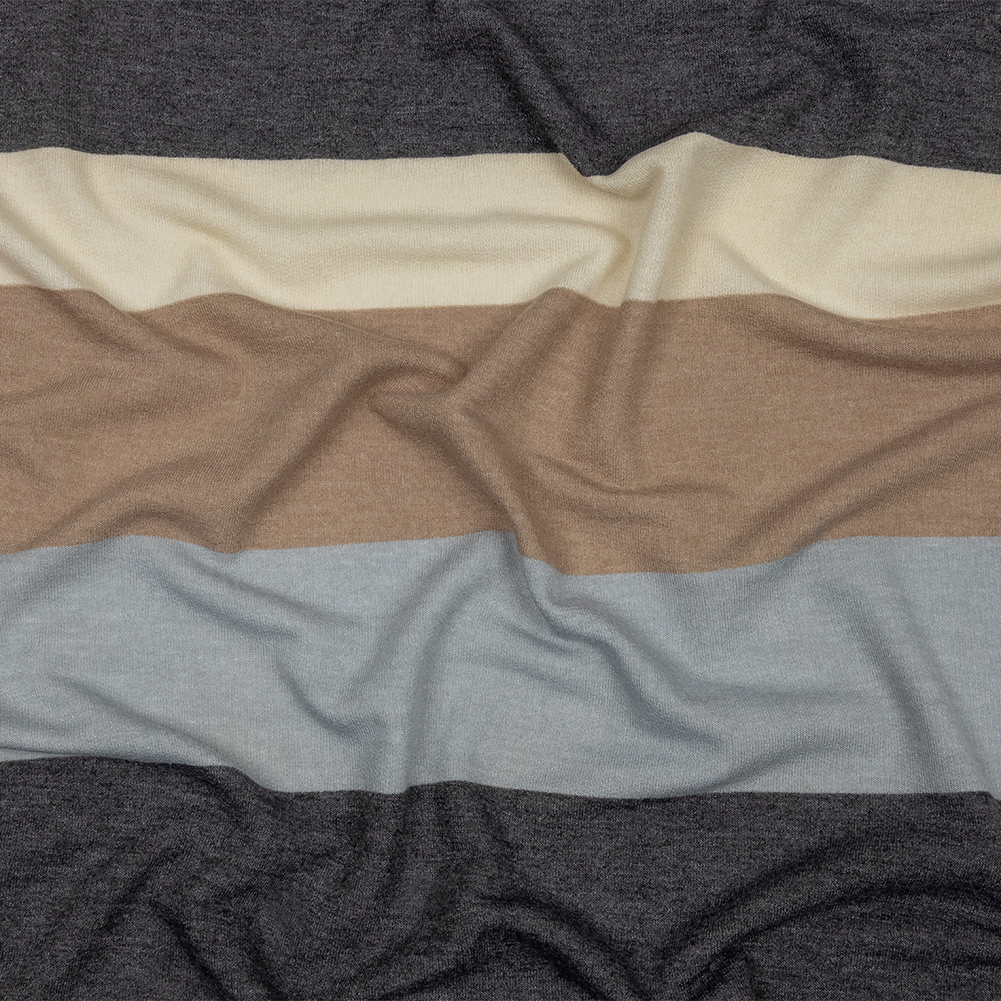 Charcoal, Gray and Beige Stripes Stretch Polyester and Rayon French Terry Charcoal, Gray and Beige Stripes Stretch Polyester and Rayon French Terry