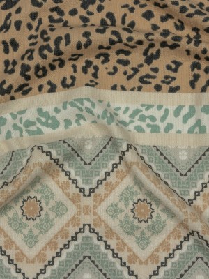 Tan, Mint and White Animal Spots and Geometric Stripes Polyester Sweater Knit Tan, Mint and White Animal Spots and Geometric Stripes Polyester Sweater Knit