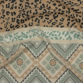 Tan, Mint and White Animal Spots and Geometric Stripes Polyester Sweater Knit Tan, Mint and White Animal Spots and Geometric Stripes Polyester Sweater Knit