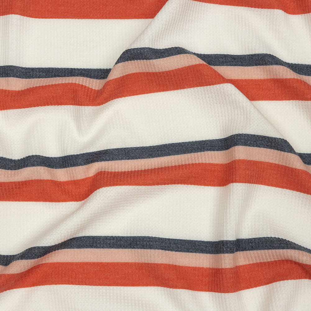 Coral, Navy and White Striped Polyester and Rayon Waffle Knit Coral, Navy and White Striped Polyester and Rayon Waffle Knit