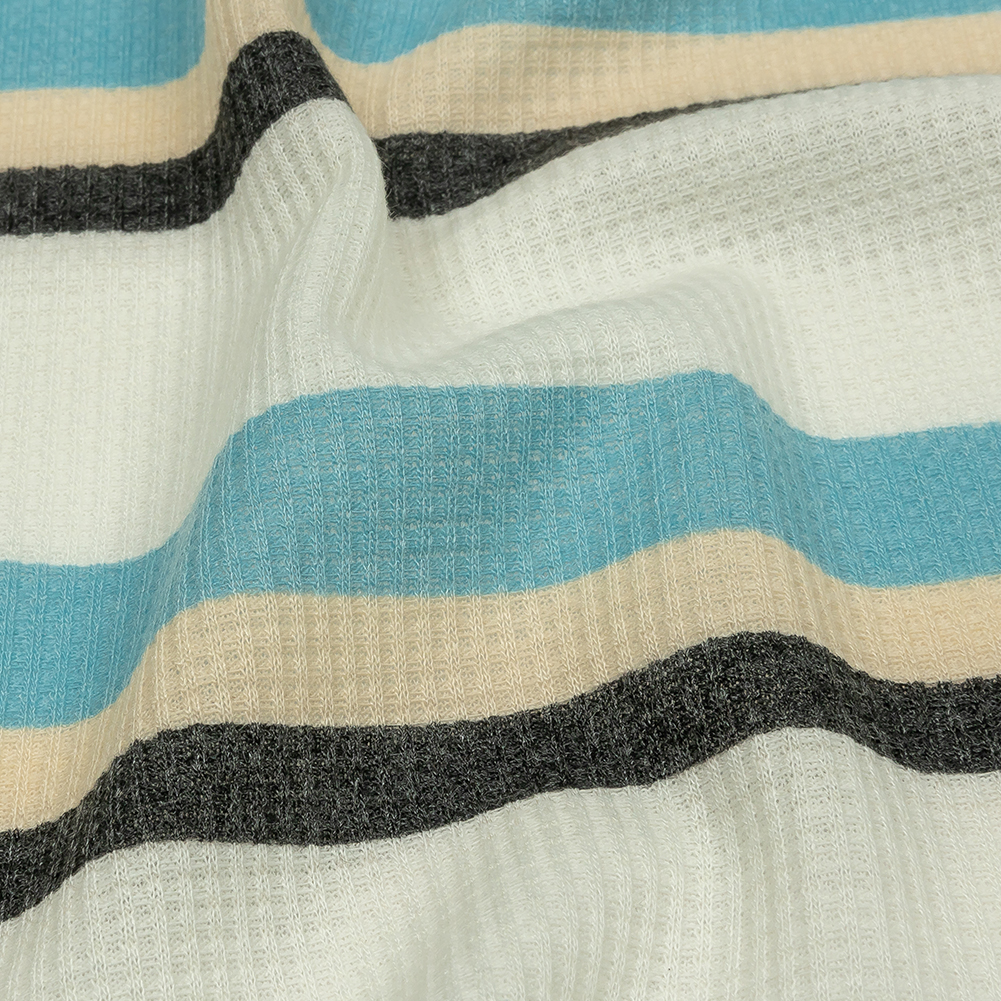 Black, Blue and Cream Striped Polyester and Rayon Waffle Knit