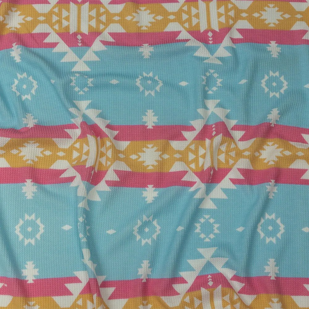 Pink, Yellow and Dream Blue Geometric and Striped Polyester and Rayon Waffle Knit Pink, Yellow and Dream Blue Geometric and Striped Polyester and Rayon Waffle Knit