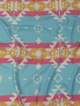 Pink, Yellow and Dream Blue Geometric and Striped Polyester and Rayon Waffle Knit Pink, Yellow and Dream Blue Geometric and Striped Polyester and Rayon Waffle Knit