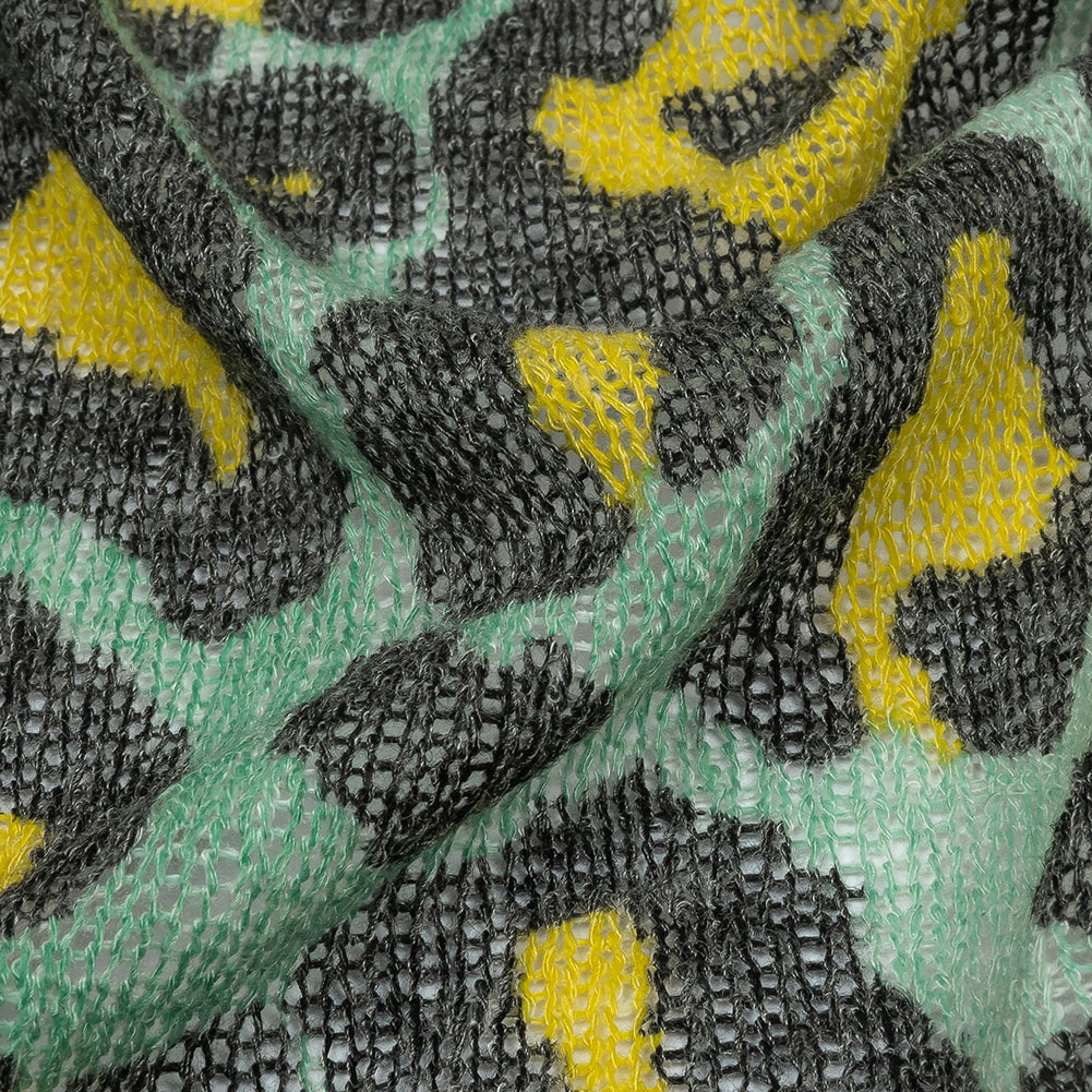 Mint, Neon Yellow and Black Leopard Spots Polyester and Rayon Sweater Knit