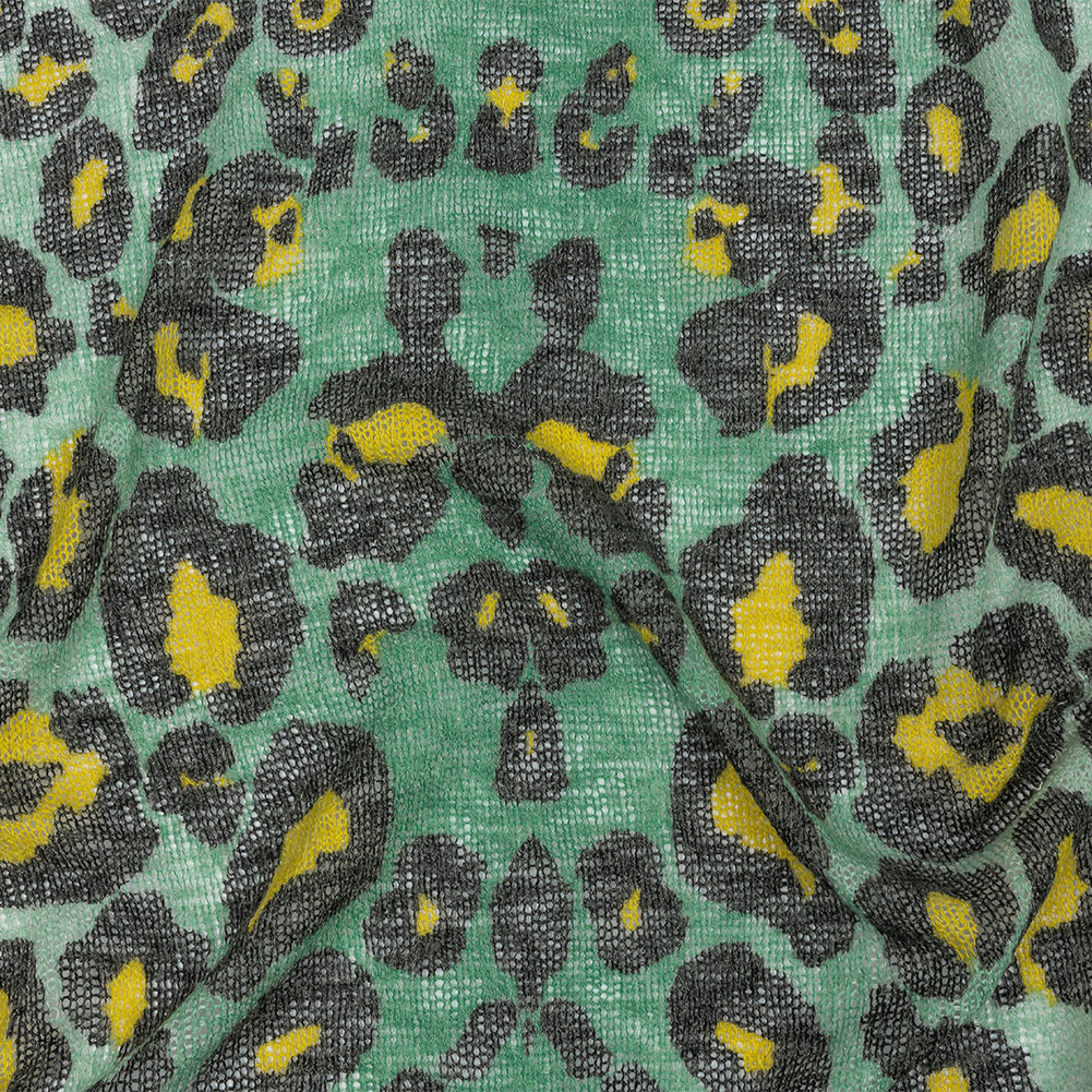 Mint, Neon Yellow and Black Leopard Spots Polyester and Rayon Sweater Knit Mint, Neon Yellow and Black Leopard Spots Polyester and Rayon Sweater Knit