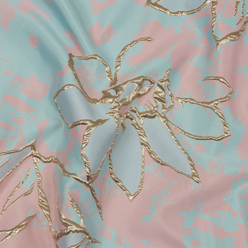 Metallic Gold, Pink and Sky Blue Mottled Floral Outlines Luxury Brocade Metallic Gold, Pink and Sky Blue Mottled Floral Outlines Luxury Brocade