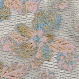 Metallic Bright Gold, Pink-a-boo and Bonnie Blue Florals and Latticework Sheer Luxury Brocade Metallic Bright Gold, Pink-a-boo and Bonnie Blue Florals and Latticework Sheer Luxury Brocade