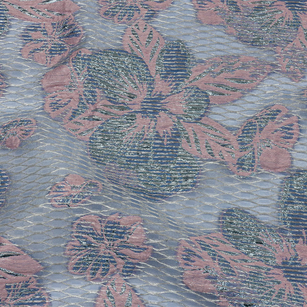 Metallic Silver, Candy Pink and Purple Rose Florals and Latticework Sheer Luxury Brocade Metallic Silver, Candy Pink and Purple Rose Florals and Latticework Sheer Luxury Brocade