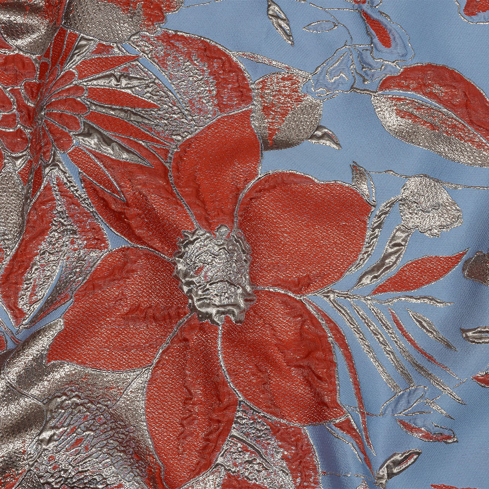 Metallic Silver, Coral and Blue Floral Luxury Brocade Metallic Silver, Coral and Blue Floral Luxury Brocade