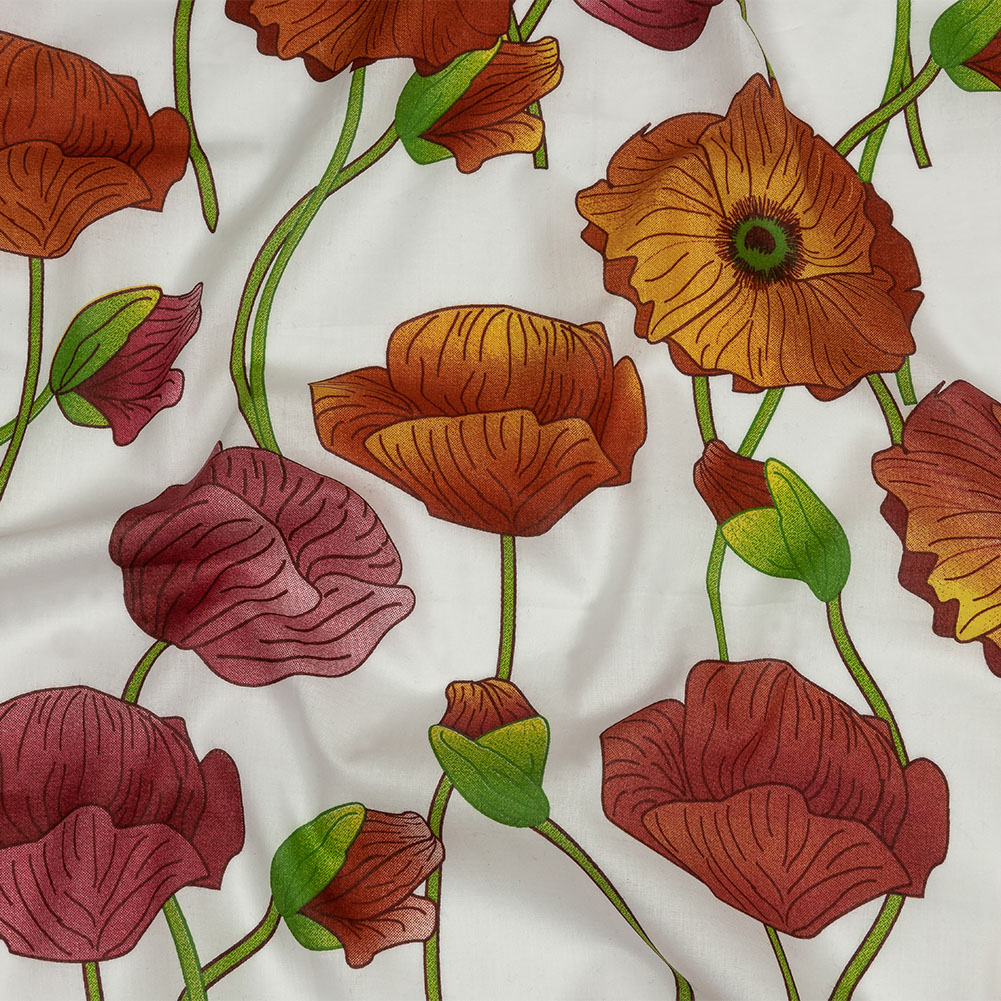 Red, Orange and Green Big Poppies Cotton Lawn Red, Orange and Green Big Poppies Cotton Lawn