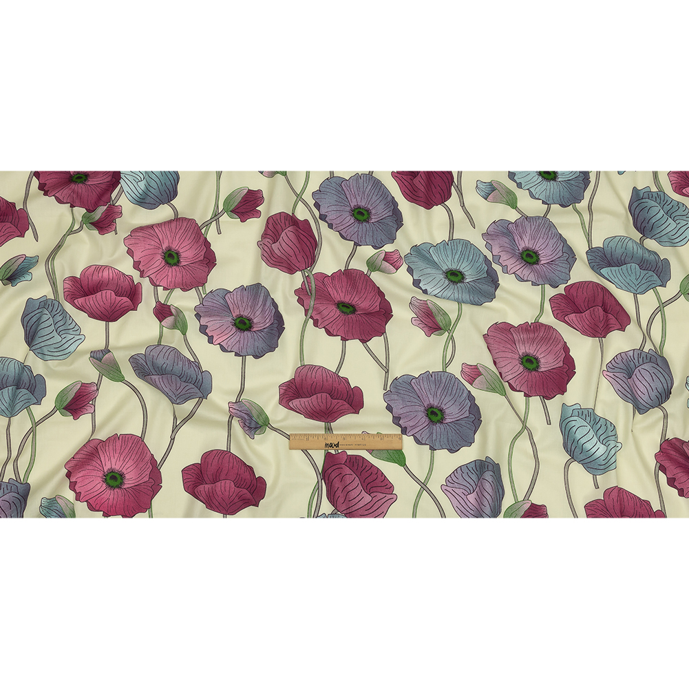 Fuchsia, Baby Blue and Pale Yellow Big Poppies Cotton Lawn Fuchsia, Baby Blue and Pale Yellow Big Poppies Cotton Lawn