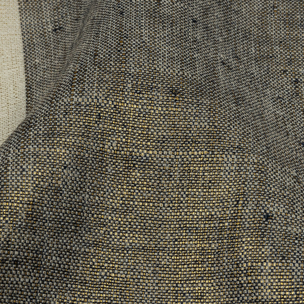 Navy and Tofu Awning Striped Medium Weight Linen Woven with Gold Foil Navy and Tofu Awning Striped Medium Weight Linen Woven with Gold Foil