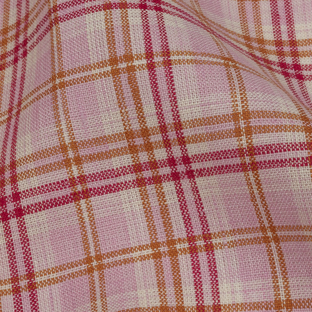 Pink, Orange and Cream Plaid Lightweight Linen Woven Pink, Orange and Cream Plaid Lightweight Linen Woven