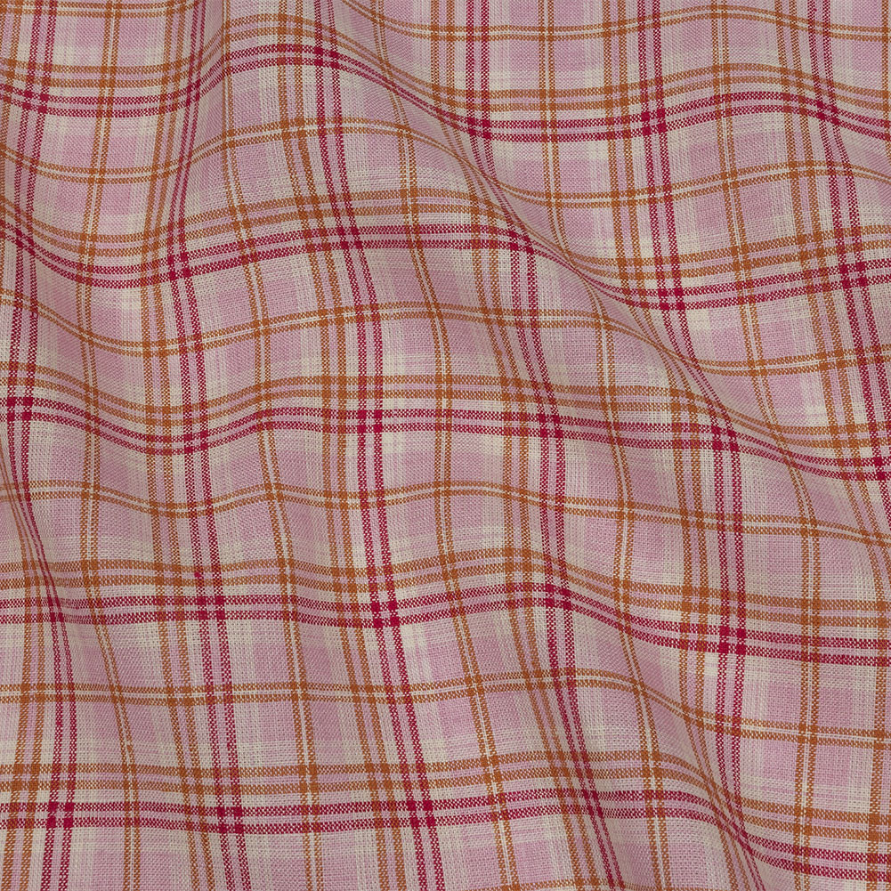 Pink, Orange and Cream Plaid Lightweight Linen Woven Pink, Orange and Cream Plaid Lightweight Linen Woven